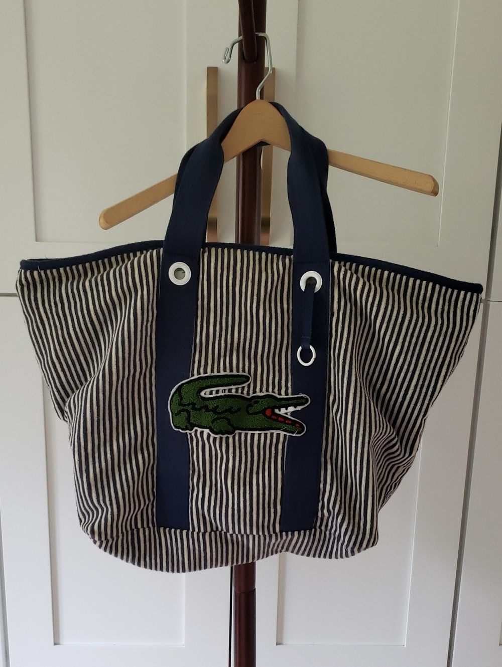 Lacoste Navy White Striped Canvas Tote Bag Large Crocodile Logo Beach Travel